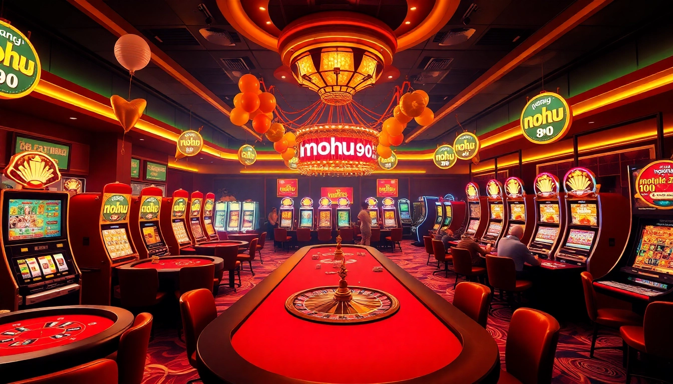 Engage with thrilling nohu 90 casino action featuring players at poker tables and dynamic slot machines.