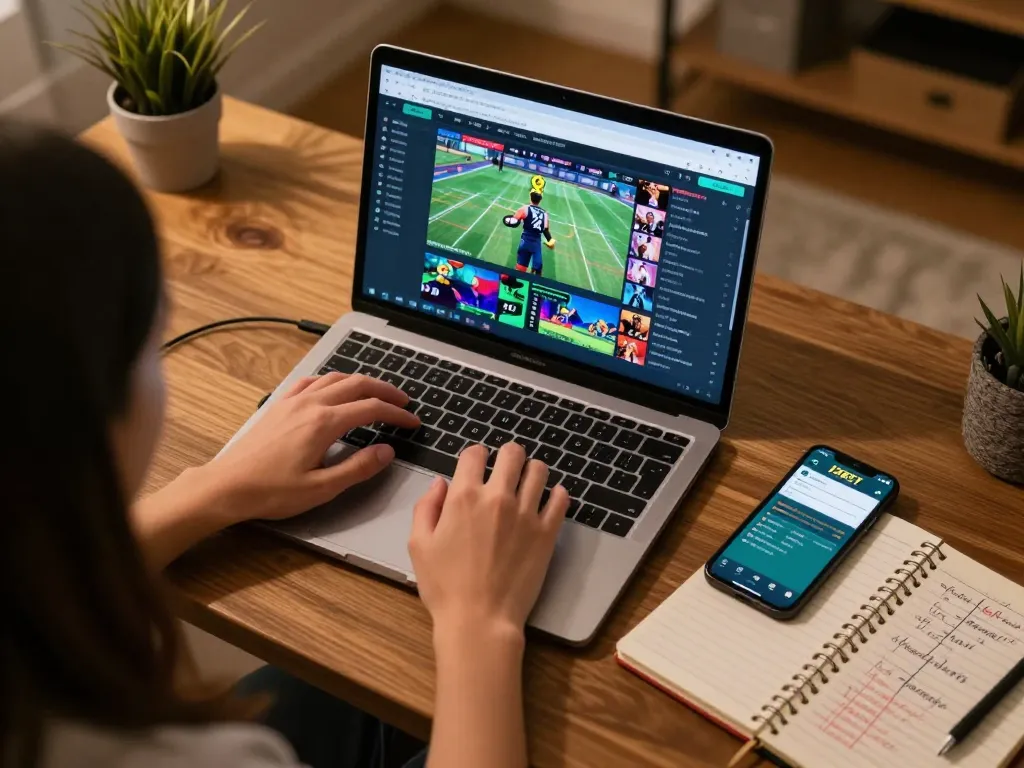 Người tham gia với Link 12bet trên laptop trong khi phân tích chiến lược cá cược thể thao trong văn phòng làm việc ấm cúng