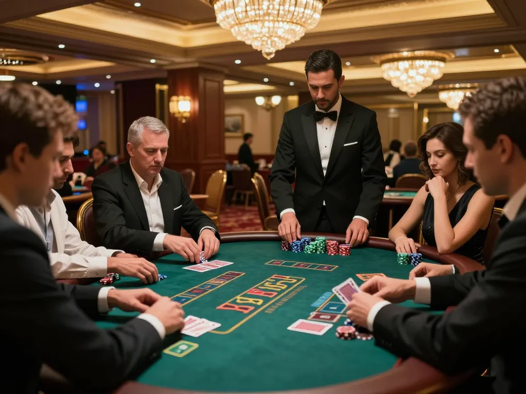 SAY88 players strategizing at an upscale blackjack table in an elegant casino setting.