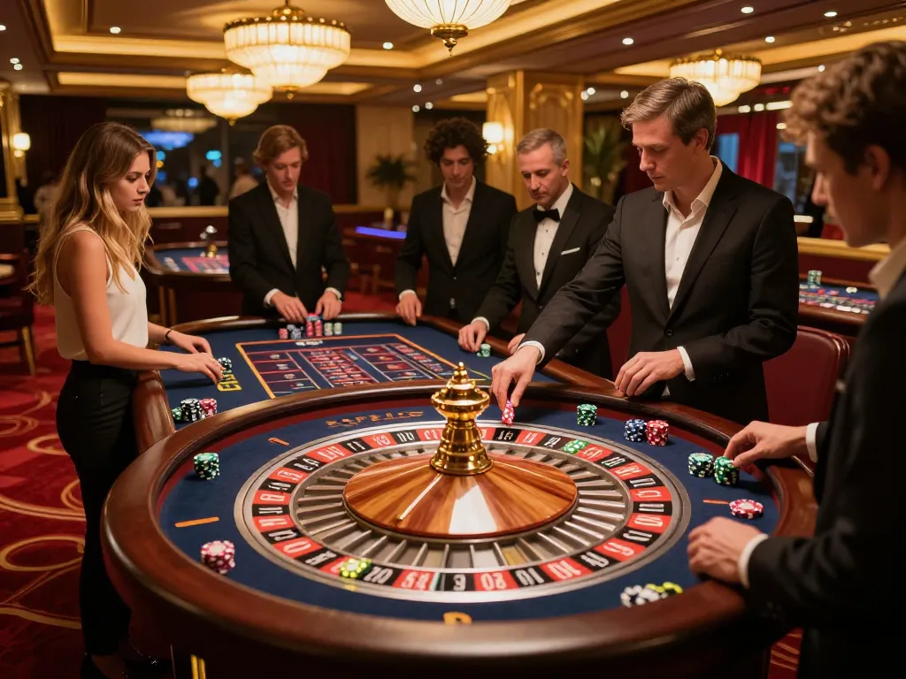 Kkwin players placing bets at a roulette table in a luxurious casino atmosphere