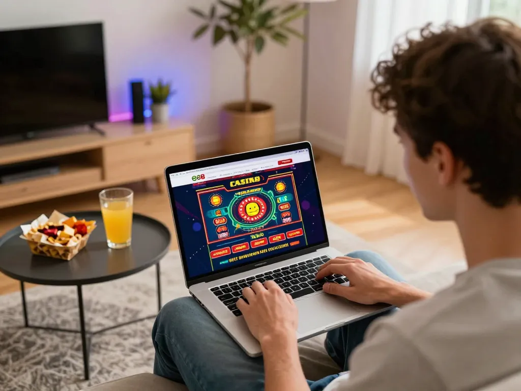 Player engaging with ee88 online casino on laptop in warm home setting, highlighting user-friendly interface and exciting gameplay.