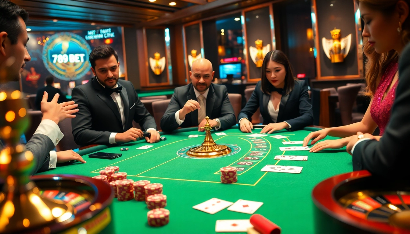 Experience the thrill of 789 BET as players engage in a luxurious poker game featuring vibrant casino elements.