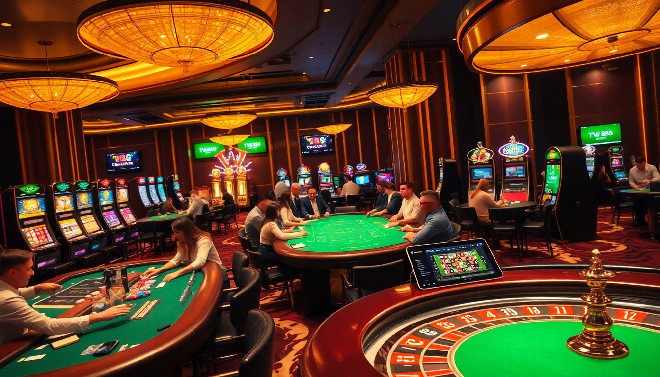 Experience high-stakes excitement at TV 88's luxurious casino scene with vibrant slots and poker games.