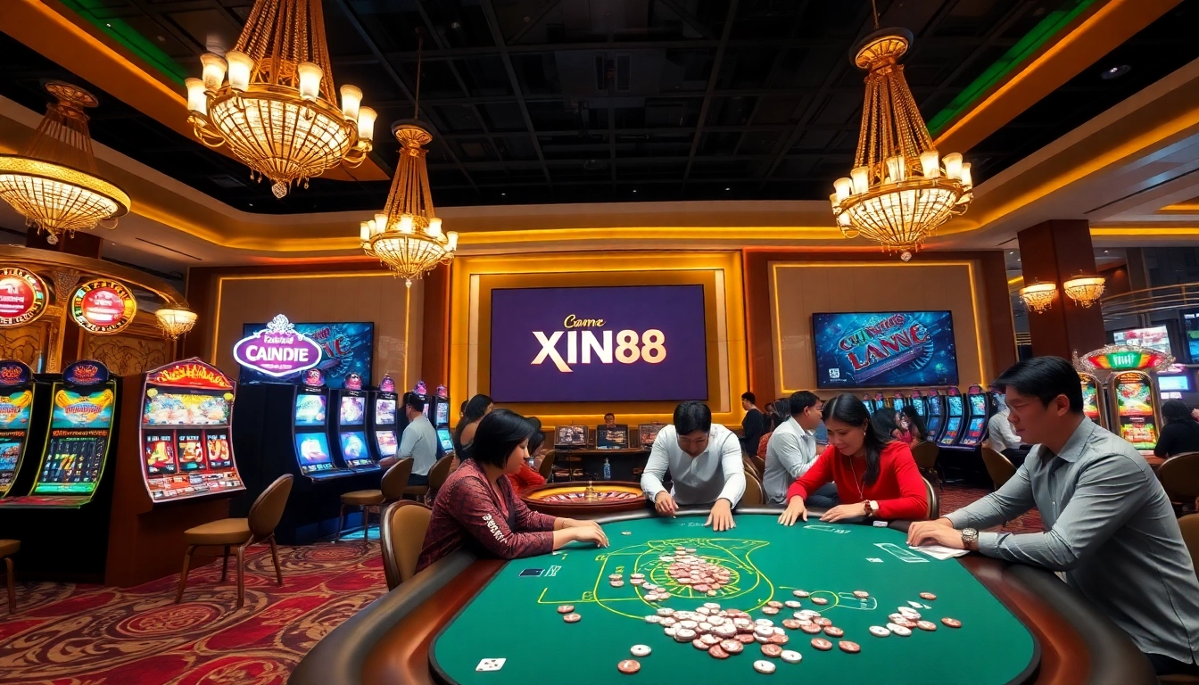 Exciting gameplay at Cổng Game XIN88 with players engaging at vibrant casino tables, showcasing a thrilling atmosphere.