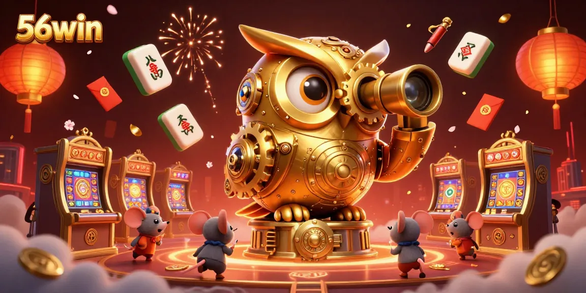Experience 56win's exciting casino atmosphere with golden owl, vibrant gaming elements, and festive decorations.
