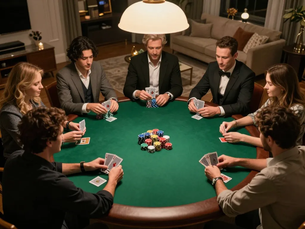 Friends enjoying a competitive poker game at home, highlighting the okking1 experience of social gambling
