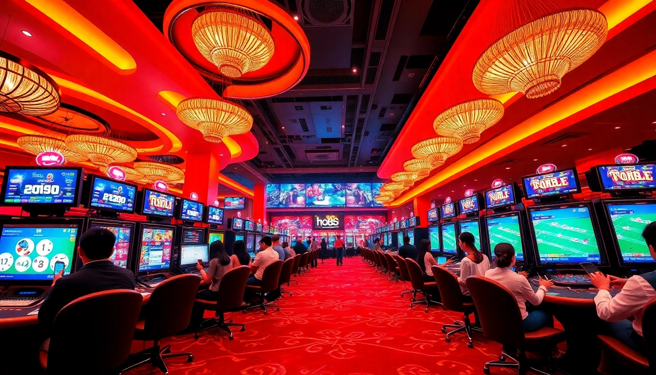 Exciting scene at Ho88 online casino featuring vibrant gaming interfaces and players enjoying live sports betting.