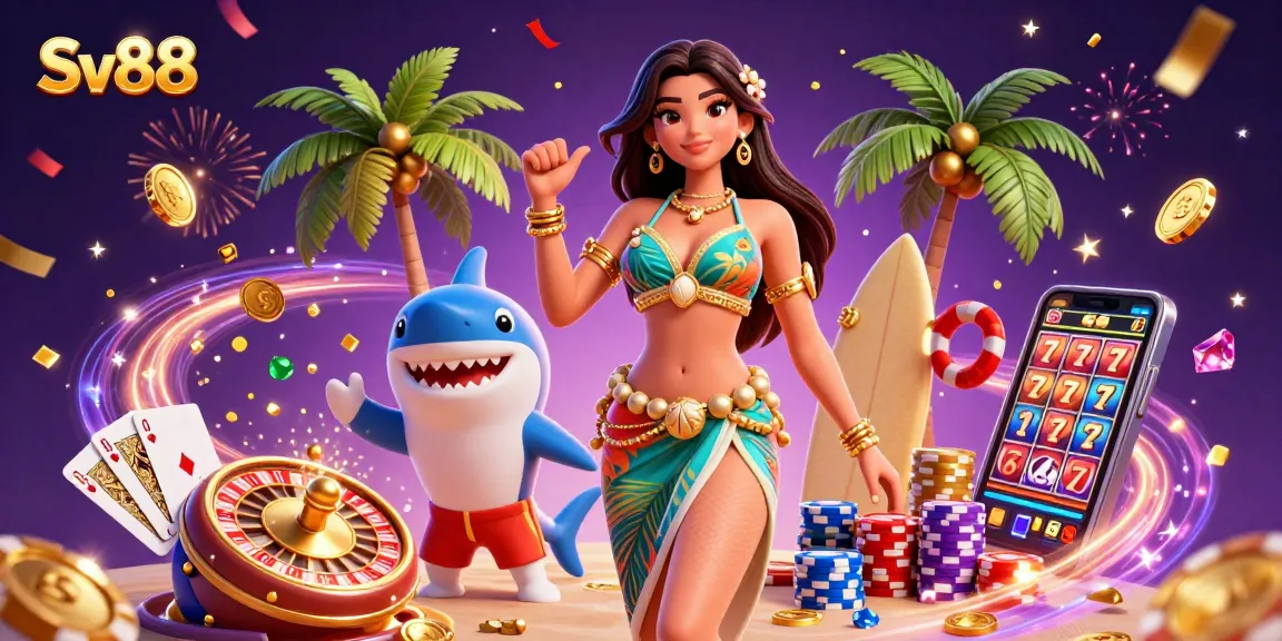 Engage in thrilling gambling action at Sv88 with a vivid scene of slot machines, coins, and festive characters.