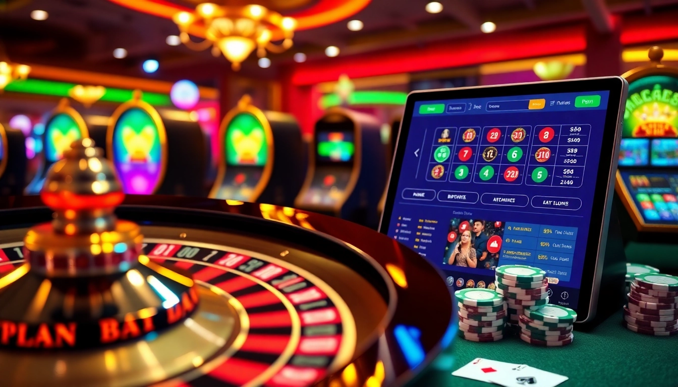 Players engaging in thrilling games at https://xx88.boats/ featuring roulette, poker chips, and vibrant slots.