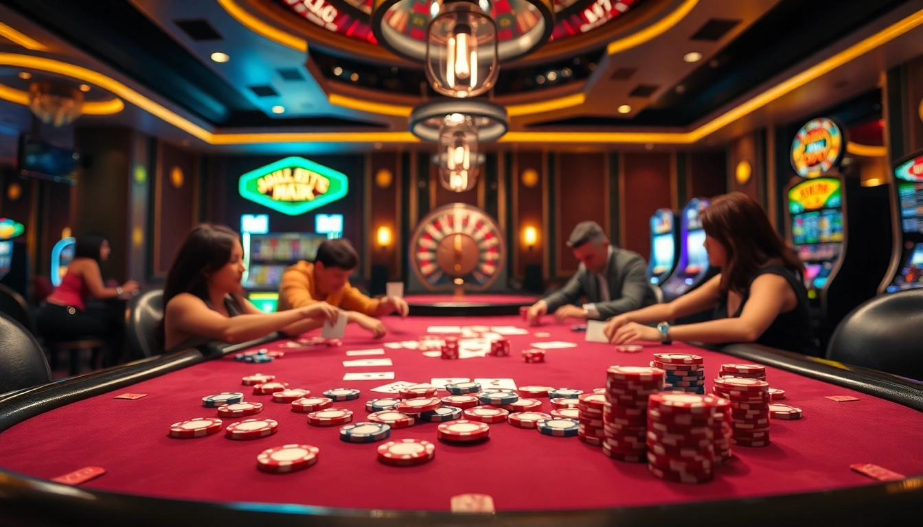 Engage in high-stakes poker at abc vip casino with vibrant chips and a spinning roulette wheel.