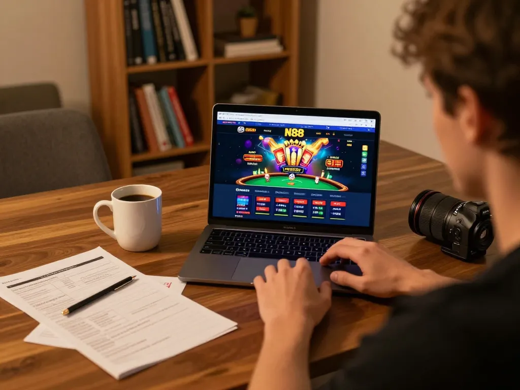 Engaging player using N88 for online gambling at home, showing strategy and casual ambiance.