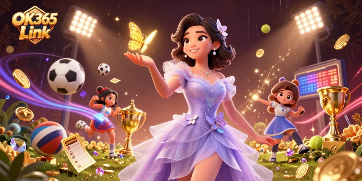 Experience thrilling action with OK365 Link in a vibrant casino fantasy scene filled with sports elements and golden details.