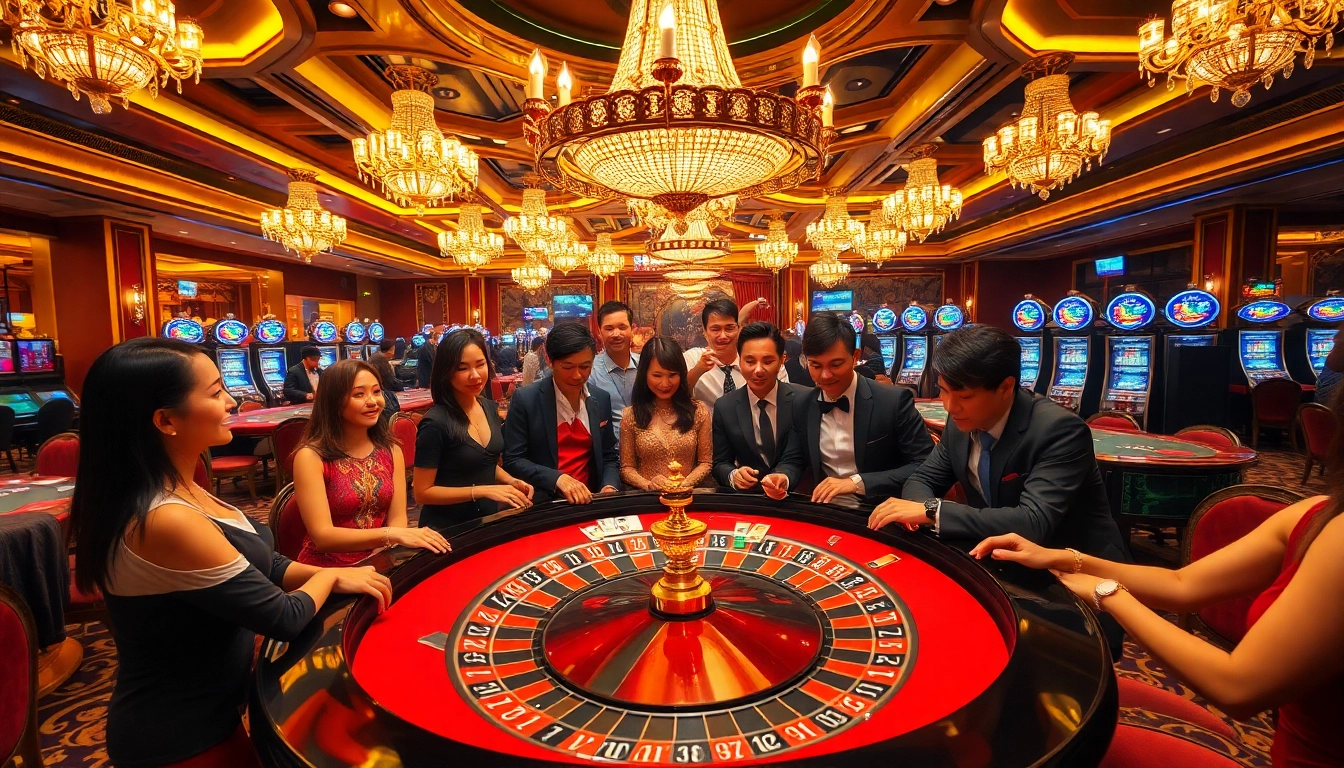 Engaged players celebrating at the luxurious roulette table of nhà cái W188, showcasing excitement and vibrant casino atmosphere.