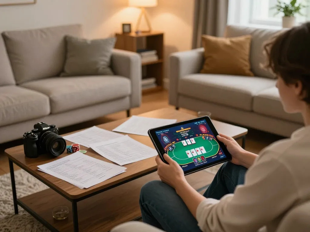 Engaging gameplay at 789winn.click showcasing a user on tablet playing poker in a cozy home setting.