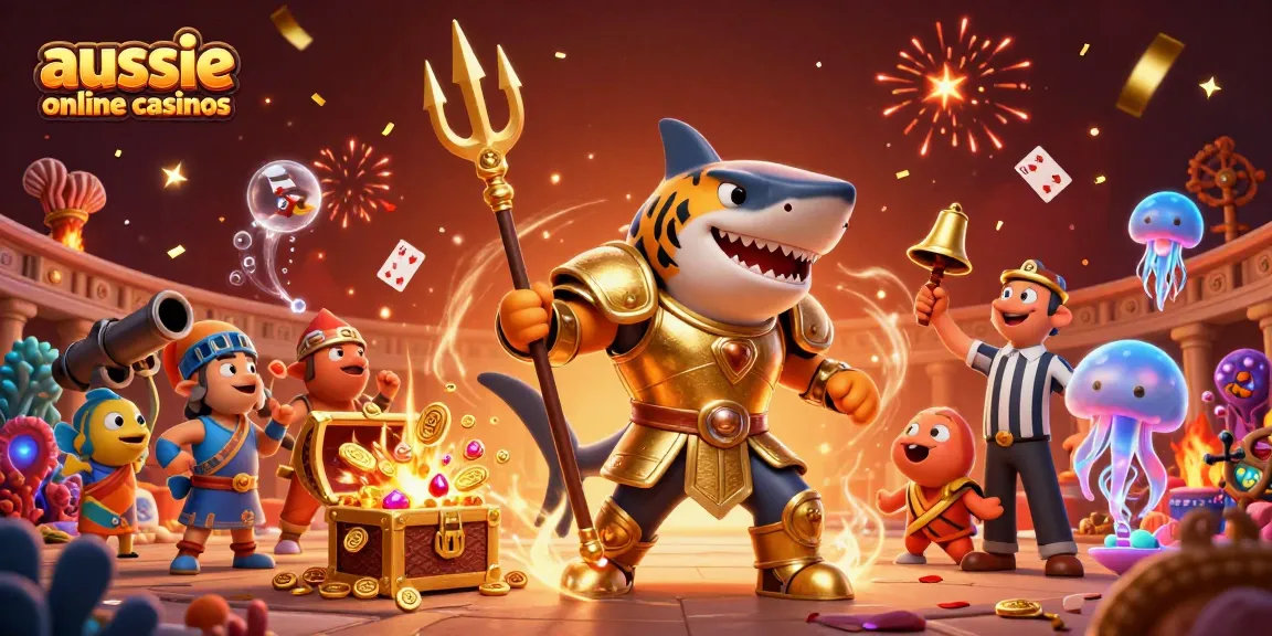 Aussie online casinos scene featuring a 3D tiger shark in gladiator armor with playing cards, coins, and a vibrant underwater backdrop.