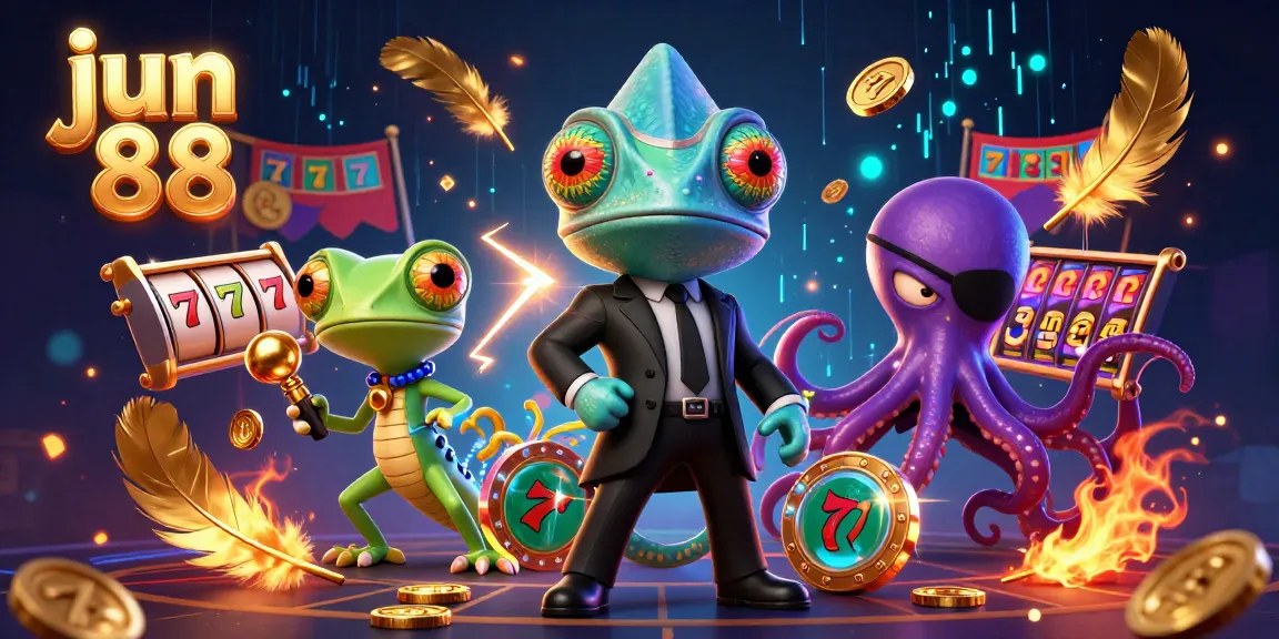Experience the thrilling atmosphere of jun 88 with vibrant casino action featuring slot reels and dynamic characters.