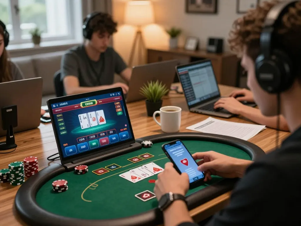 Player engaging in strategic online poker on tablet, focused on gameplay using DA88 tech, showcasing home gaming setup.