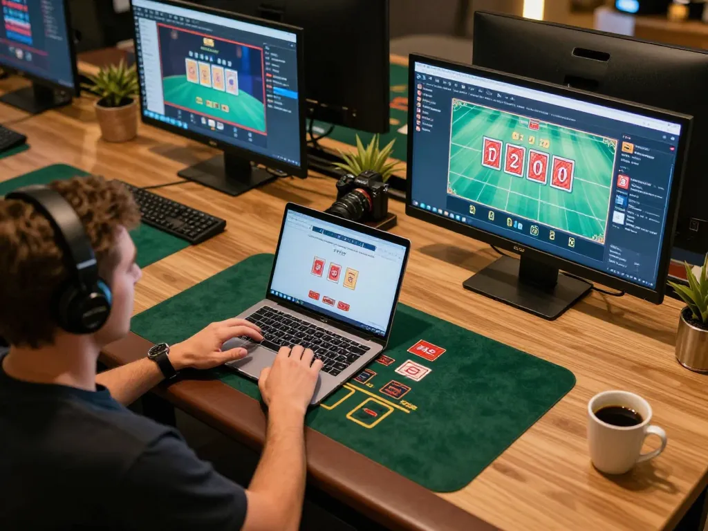 Player engaging with QQ88 live blackjack game on a laptop, showcasing an inviting online casino experience