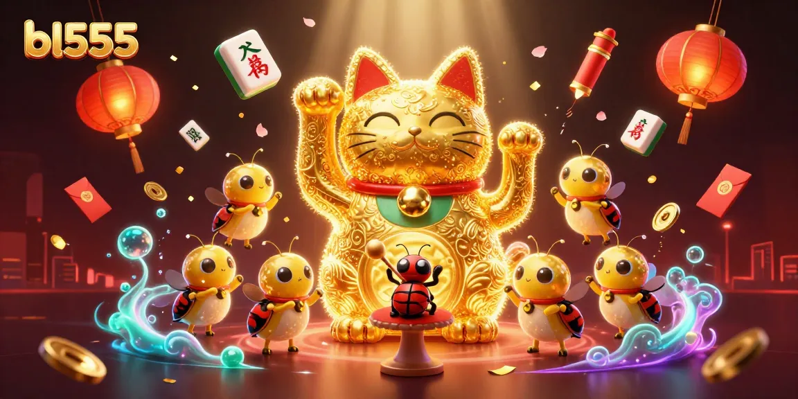 Experience bl555's lively casino adventure with a golden lucky cat and dynamic gaming symbols.