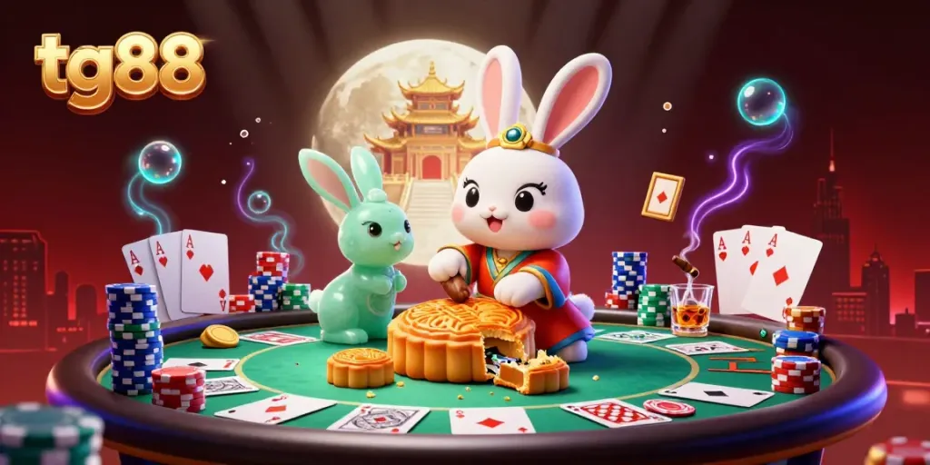 Experience the thrill of tg88 with vibrant casino elements and enchanting moon rabbits.