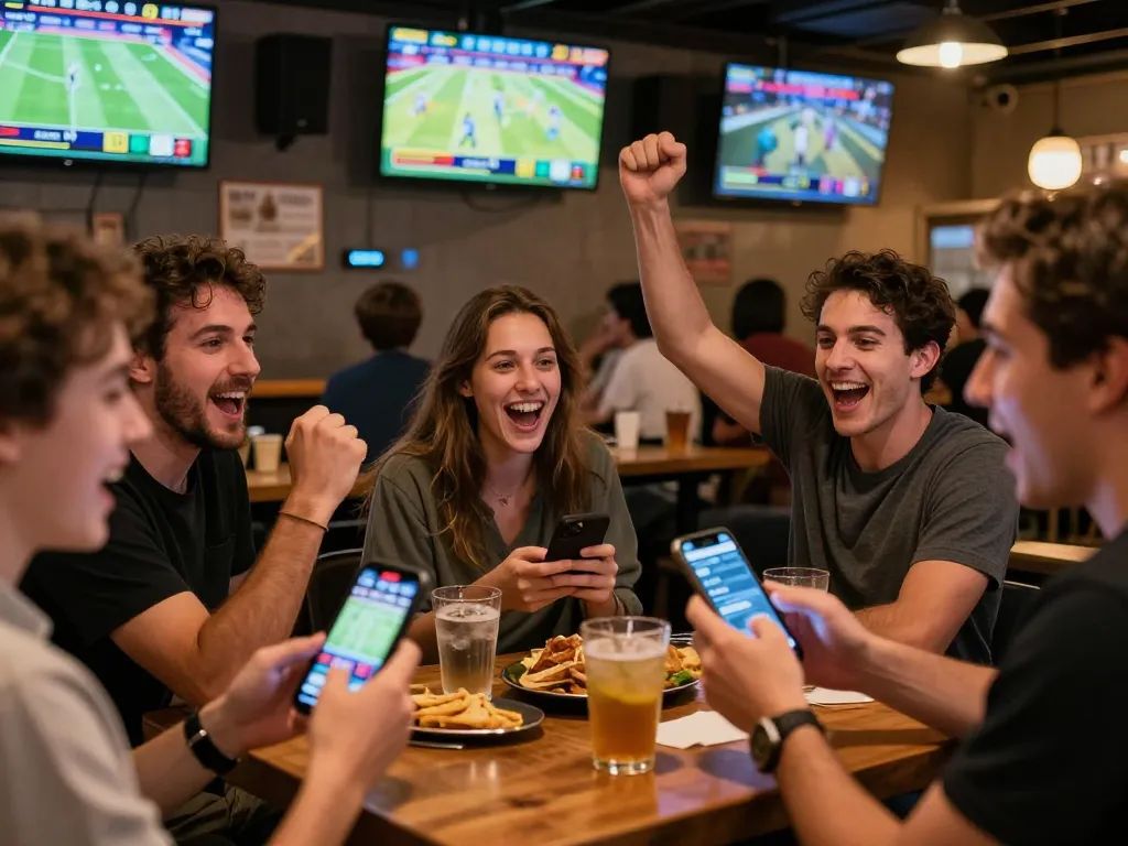 Fans enjoying live sports betting at Trang chủ 11win, engaging with betting apps on smartphones.