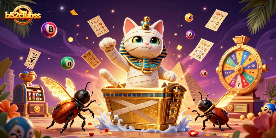 Engage with b52clubss as the Egyptian mummy cat bursts from the sarcophagus in a vibrant casino scene.