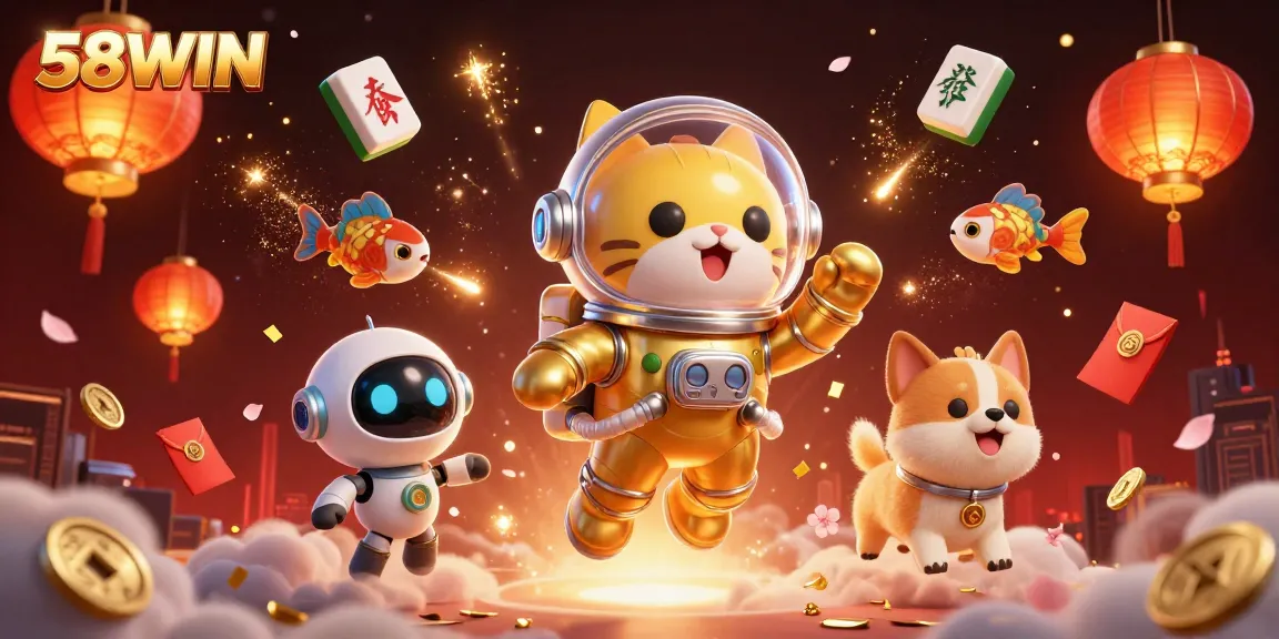 Engage with 58WIN’s thrilling gaming experience featuring an astronaut cat and dynamic casino elements.