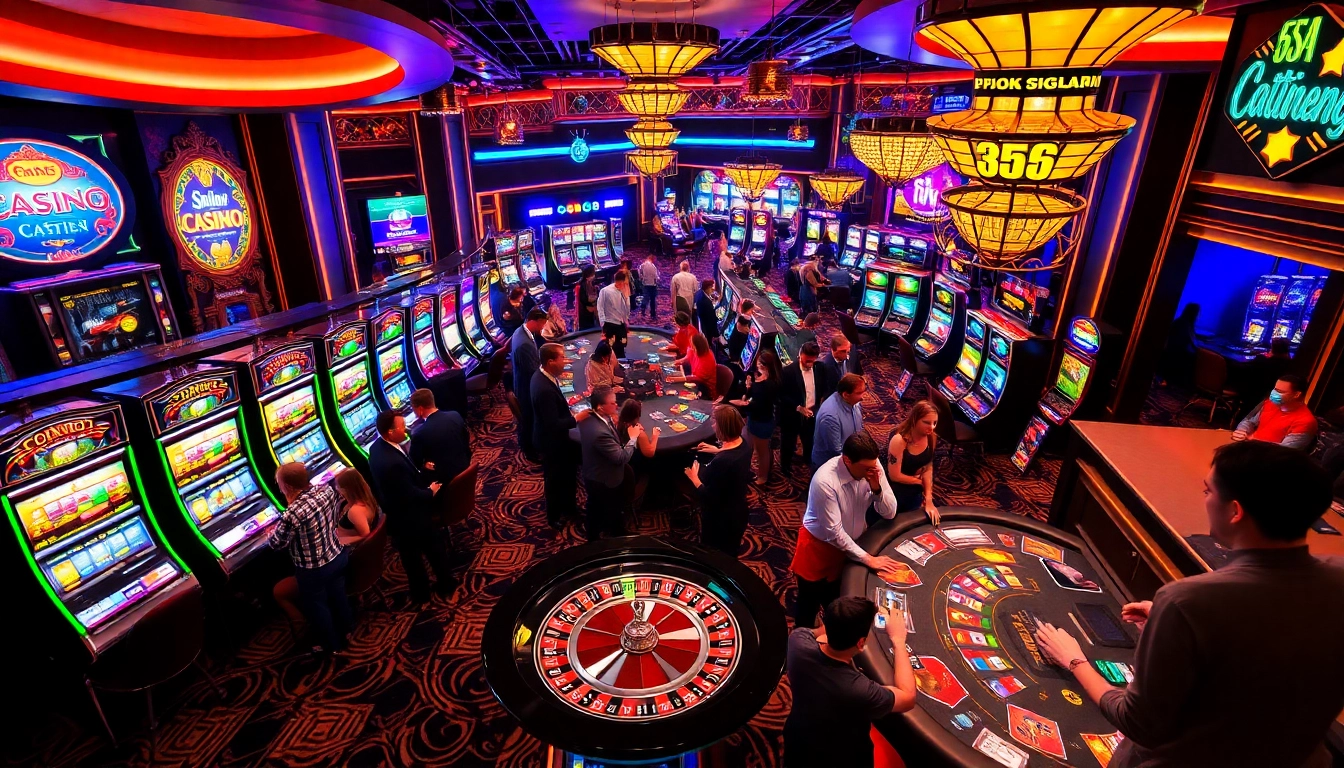 A thrilling scene of casino gaming featuring 65A branding, poker tables, and vibrant slot machines.
