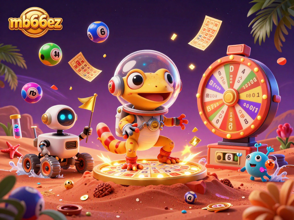 Experience thrilling action at mb66ez with a Martian gecko and vibrant lottery elements in a casino scene.