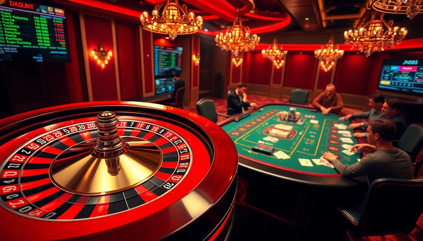 Experience the thrill of betting with jun88.com at a vibrant casino scene featuring roulette and poker action.