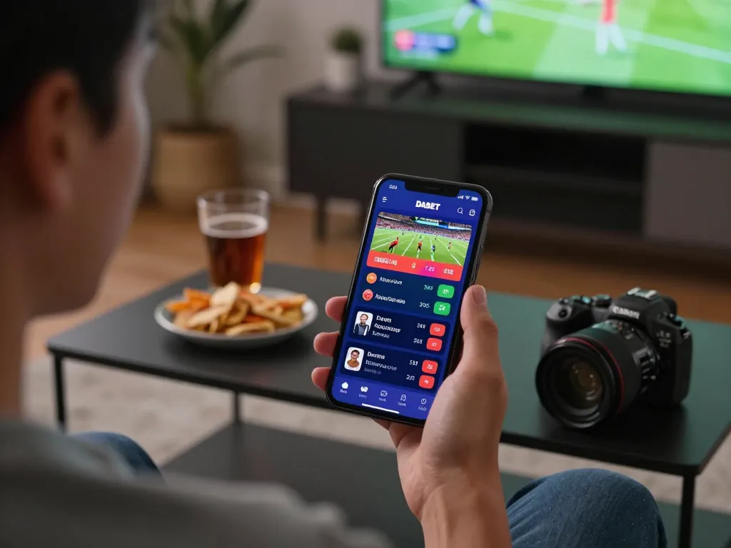 DABET app showcased on smartphone during sports betting, enhancing strategic wagering experience at home.