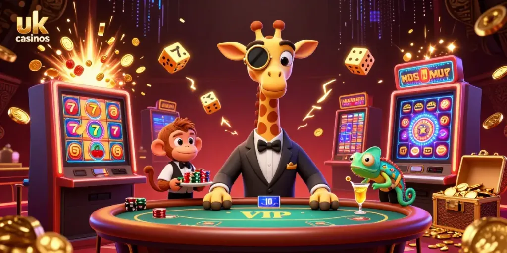 Experience thrilling action at uk casinos with a high-roller giraffe and colorful gaming elements.