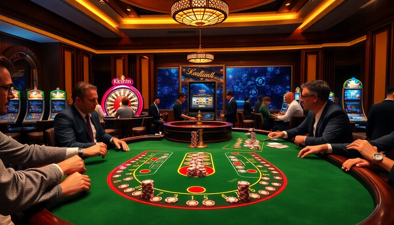 Players engaging at a kkwin casino table, showcasing excitement and professionalism in gambling.