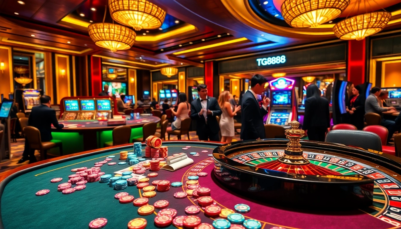 Players enjoying a thrilling game at TG888 casino with vibrant tables and engaging atmosphere.