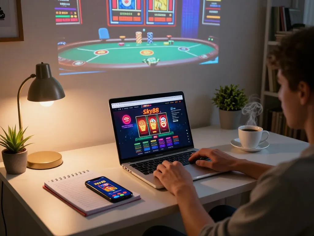 Engaged player enjoying Sky88 casino games on a laptop with strategic notes nearby.