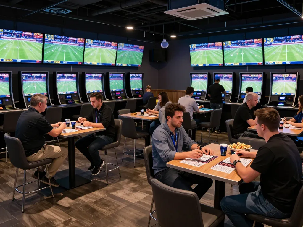 Tỷ Lệ Kèo displayed on screens in a lively sports betting lounge with enthusiastic bettors.