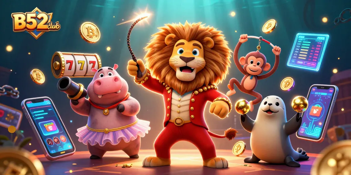 B52club entertains with dynamic circus characters enjoying thrilling jackpot games and crypto prizes.