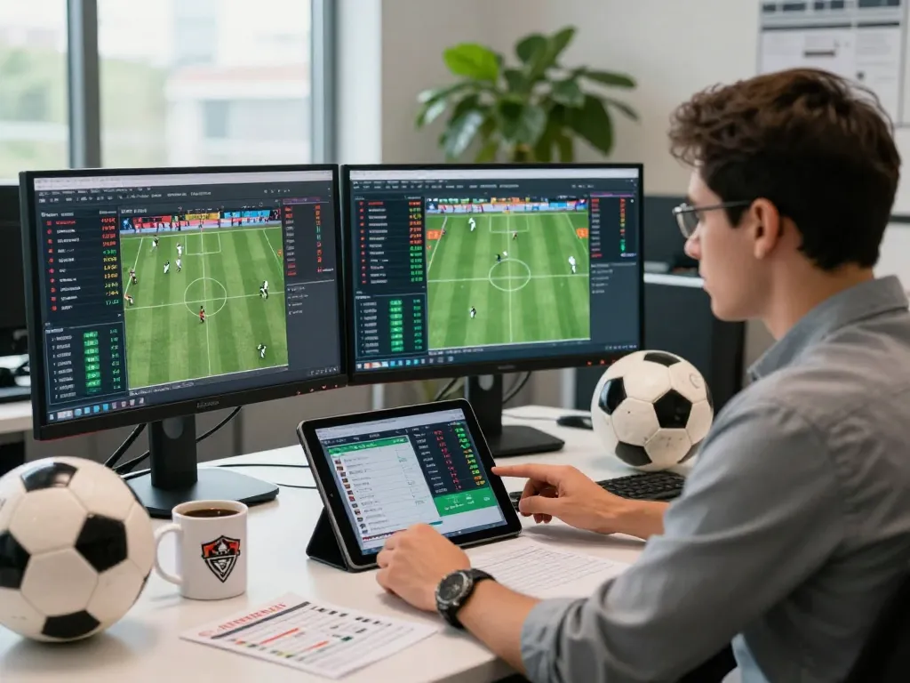 Tỷ lệ kèo trực tuyến analysis in a vibrant sports betting office showcasing live data and team metrics.