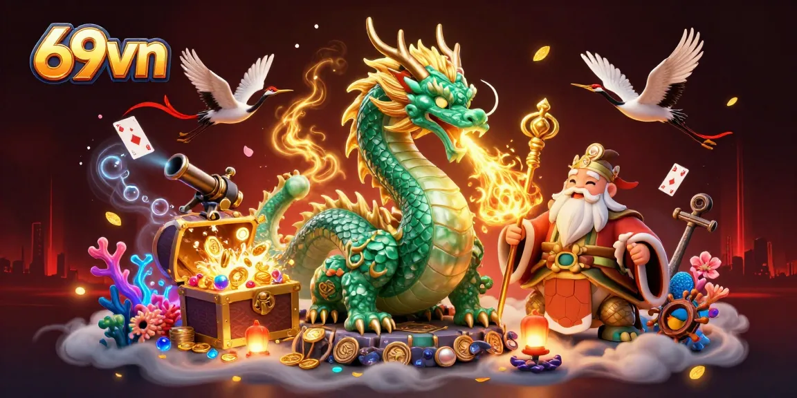 Engage in thrilling gameplay with 69vn's dynamic dragon, turtle, and cranes amidst vibrant gambling elements.