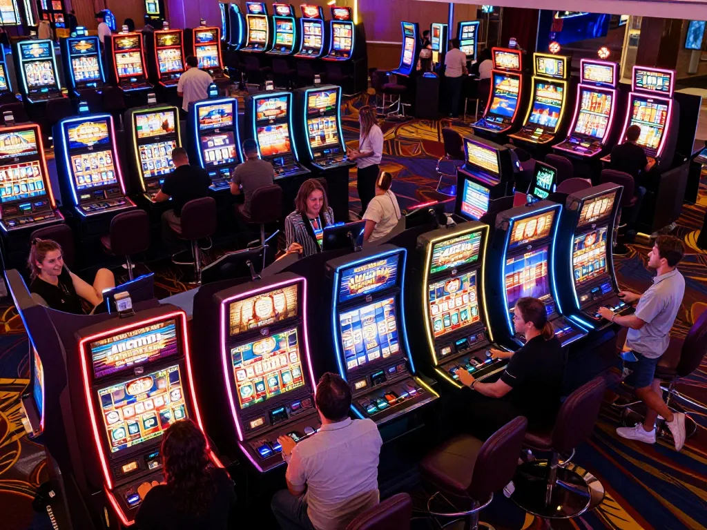 Players enjoying the thrill of 79 king slot machines at a bustling casino floor.