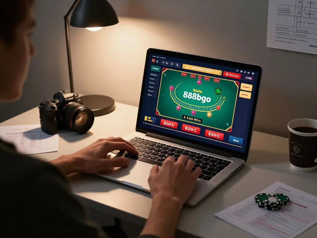 Engaging gaming moment with 888bgo on laptop screen showcasing online blackjack gameplay in a cozy home setup.