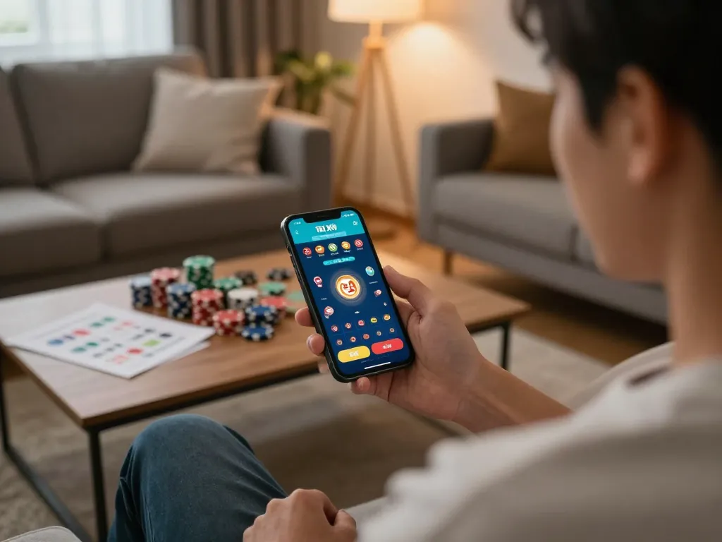 Tài Xỉu Sunwin mobile app displayed on smartphone during an engaging online game session at home.