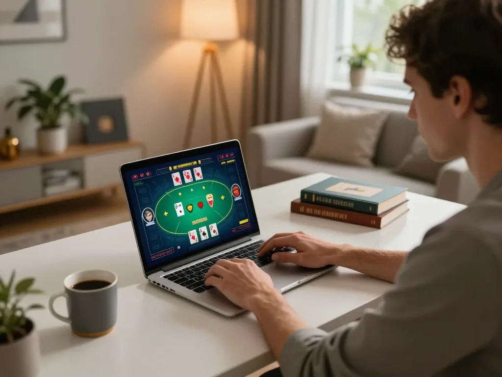 Play poker online at TIP88 using a laptop in a stylish home setup with ambient lighting.