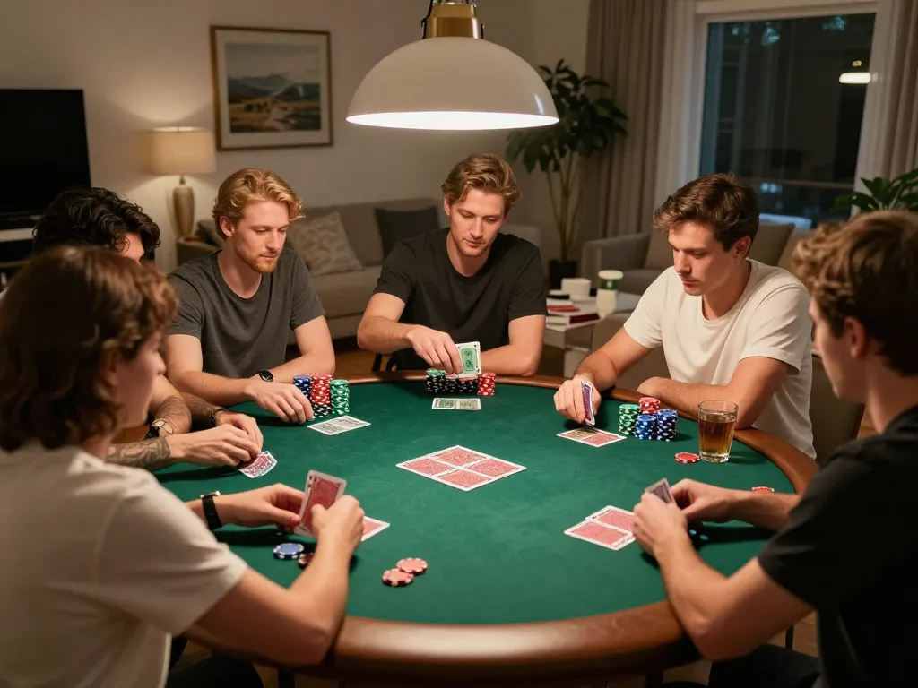 Players enjoying a poker game night at home using 258bet platform, showcasing camaraderie and strategy.