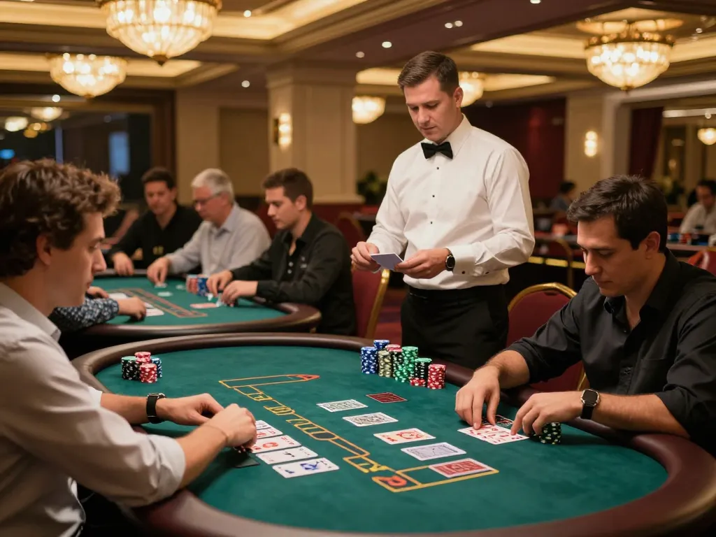 Nohu90 players engaged in strategic blackjack gameplay at a luxurious casino table with a vibrant atmosphere.
