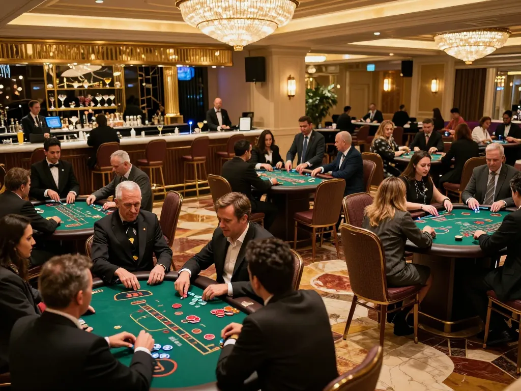 SUNWIN players strategizing at a bustling blackjack table in an upscale casino atmosphere