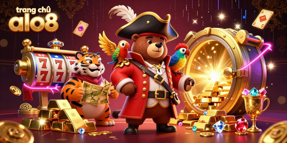 Exciting gambling experience at trang chủ alo8 featuring a pirate bear and tiger enjoying casino action amidst treasure.