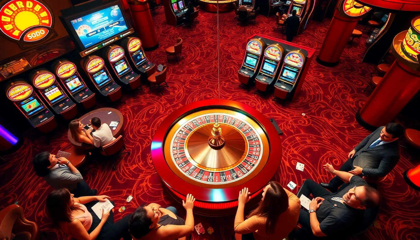 SODO casino scene showcasing players at a vibrant roulette table surrounded by slot machines.