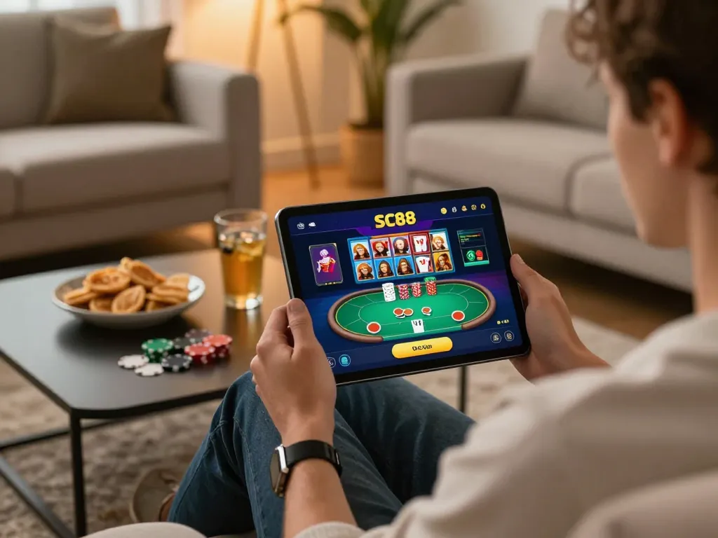 Engaging SC88 app poker gameplay on a tablet in a cozy home setting, showcasing strategic online gaming.