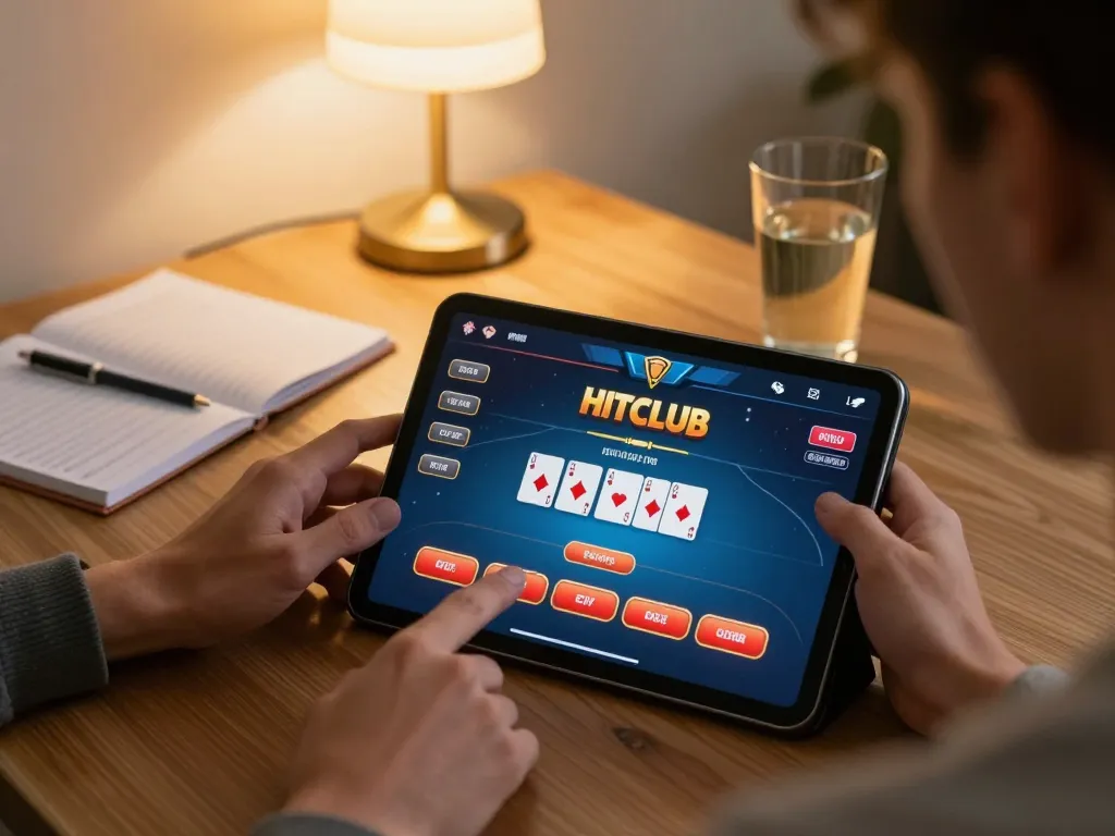 Player enjoying online HITCLUB gaming on a tablet at home, showcasing an engaging interface.